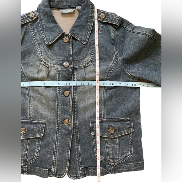 MOttO Jeans Jacket 3/4 sleeves, tailored, shoulder patches, feminine style, Sz M - Picture 6 of 6